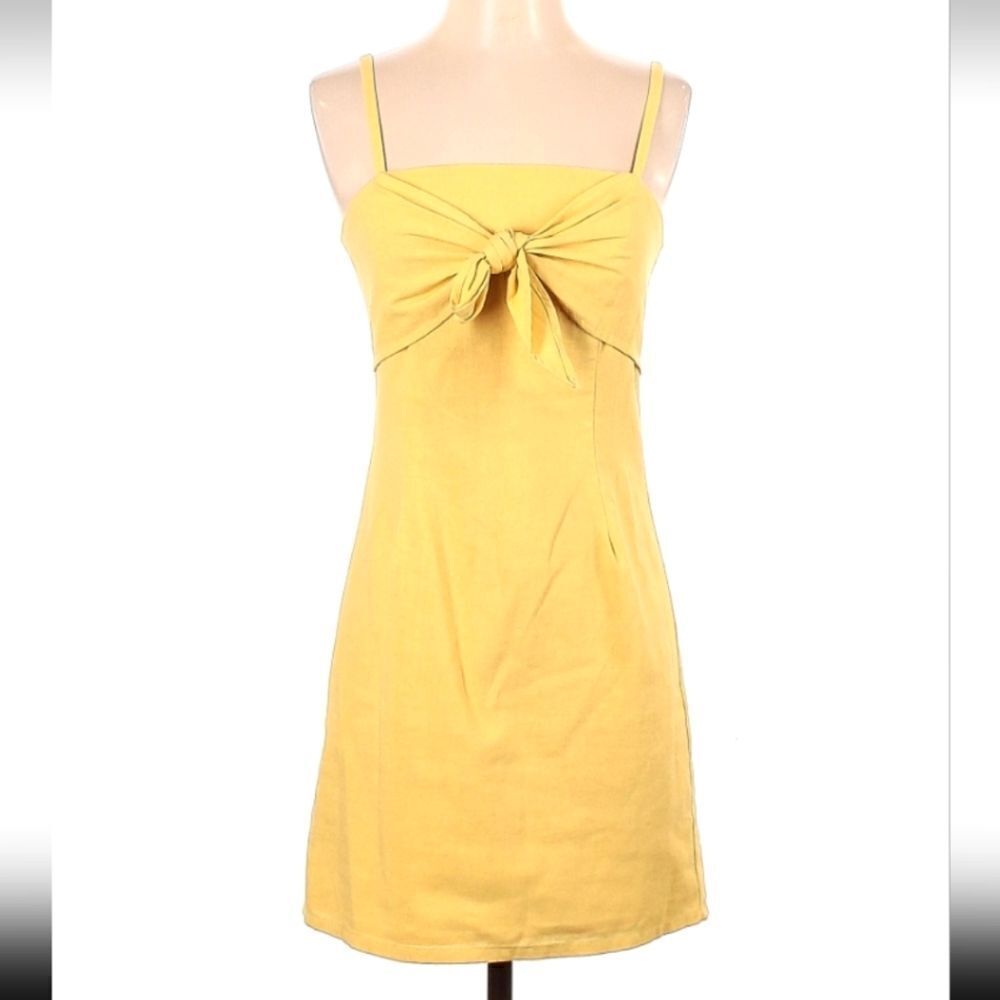 re:named Linen Tie Front Spaghetti Strap Yellow Dress SMALL